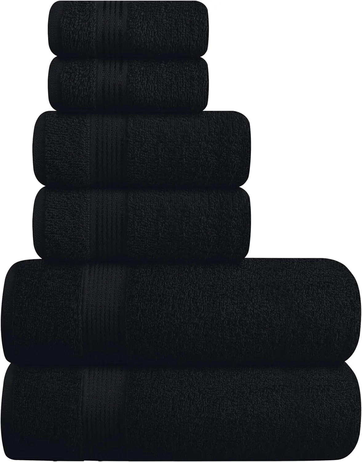 

Ultra Soft 6-Pack Cotton Towel Set: 2 Bath, 2 Hand, 2 Wash Cloths - Black, Lightweight & Quick-Dry
