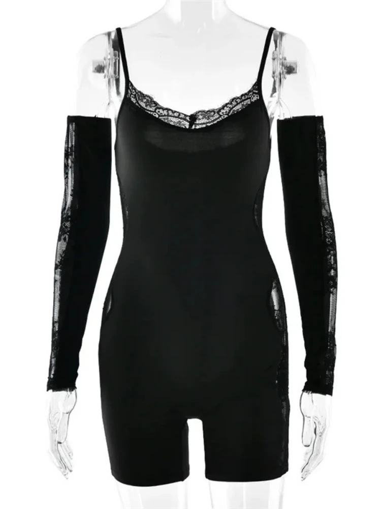 Xiaotang renda manga longa sexy playsuit feminino macacão preto retalhos cinta de espaguete fora do ombro sem costas clube playsuits