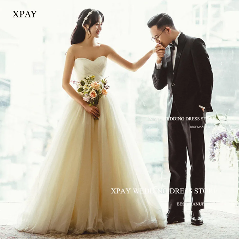 

XPAY Sweetheart Simple Korea Wedding Dresses Soft Tulle Pleats Bridal Gowns Photo Shoot Floor Length Backless A Line Bride Dress