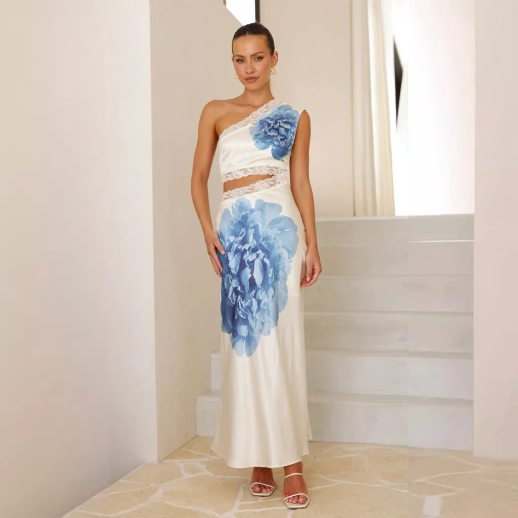 

VEITCHE Elegant Women Flower Print Lace Long Dress Diagonal Collar Skinny Hollowed-out Backles Summer 2025 Sexy Party Dress