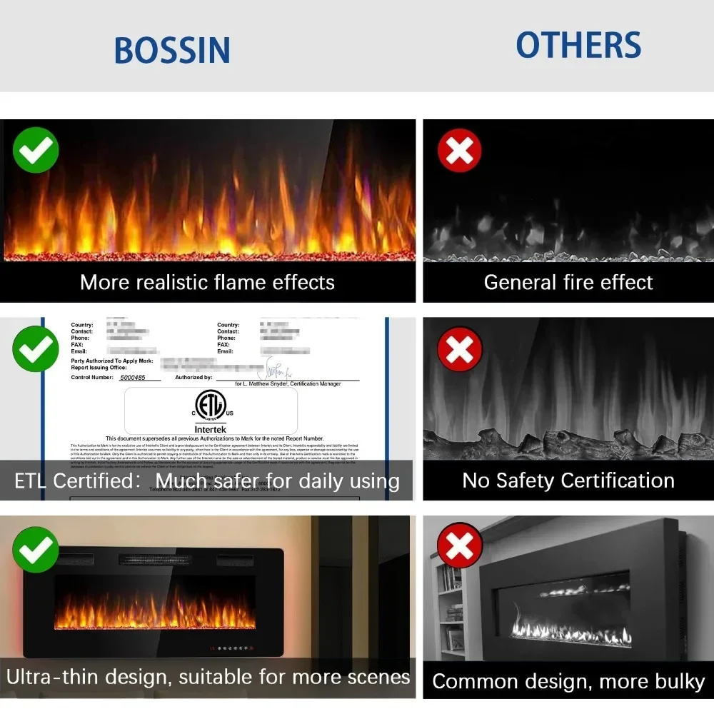 BOSSIN 60 inch Ultra-Thin Silence Linear Electric Fireplace, Recessed Wall Mounted Fireplace, Fit for 2 x 4 and 2 x 6 Stud