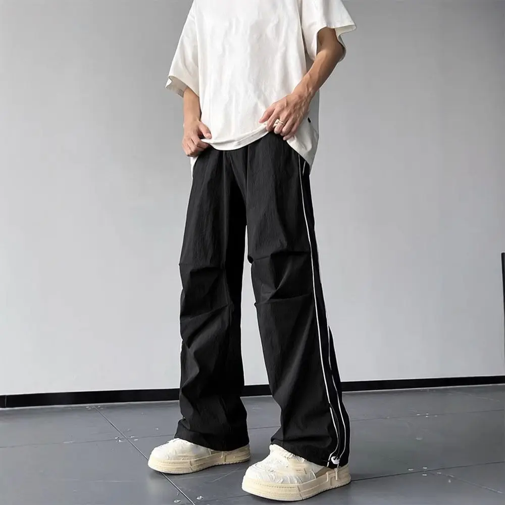 

Hip Hop Pants Drawstring Wide Leg Sweatpants Stripe Baggy Loose Cargo Pants Y2K High Waisted Male Joggers Trousers Men