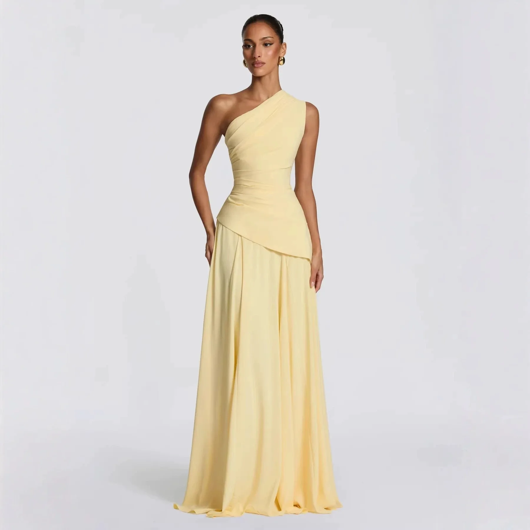 Elegant Evening Gown Single Shoulder Asymmetrical Hemline Waist Cinched Belted Long Dress Knitted Polyester Straight Cut