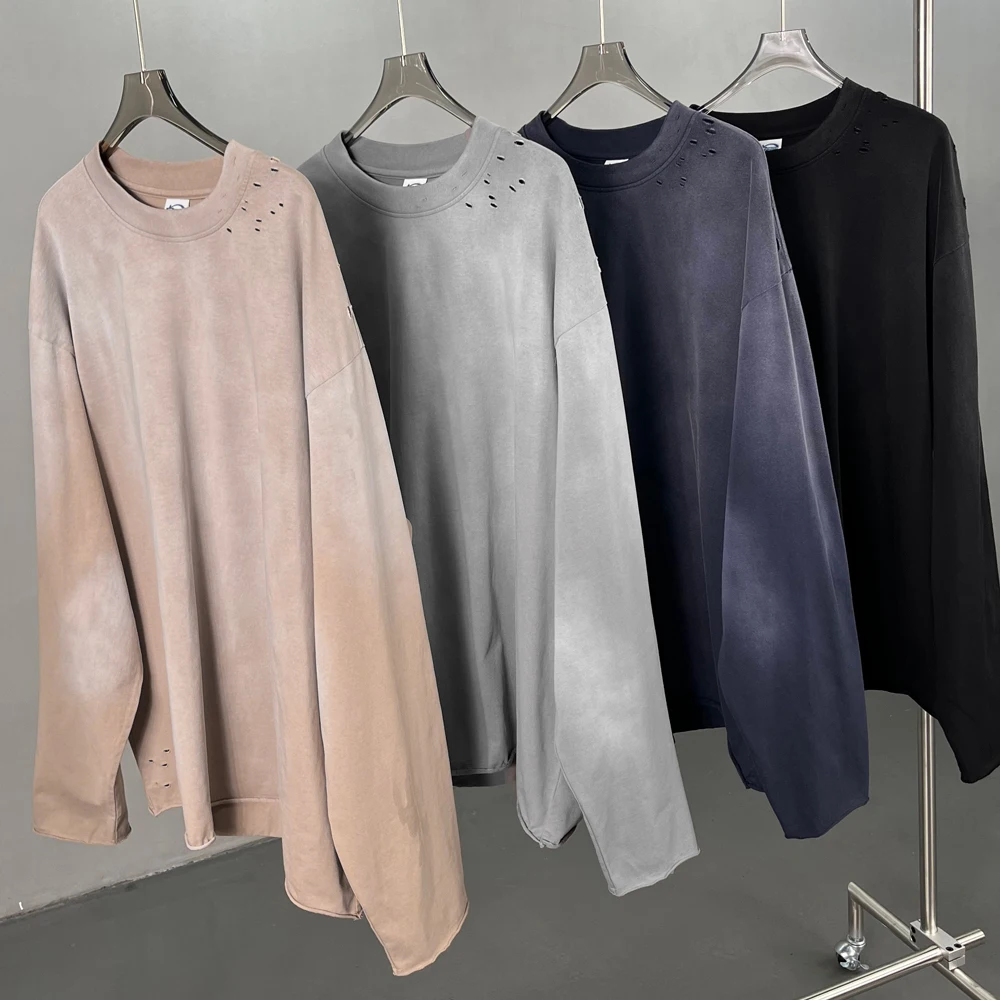Retro Washed Long Sleeve Men's T-shirt High Quality Oversized Ripped Women's T Shirts Couples Dress High Street New In Tops Tees