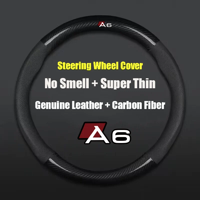 

For Audi A6 38cm Non-slip Car Steering Wheel Cover Carbon Fiber Ultra-thin Leather Auto Interior Accessories