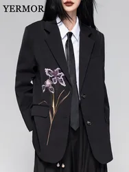 YERMORA Black Embroidery Flower Elegant Blazer For Women Lapel Long Sleeve Loose Fit Jacket Fashion Tide Spring Autumn 2024 A41