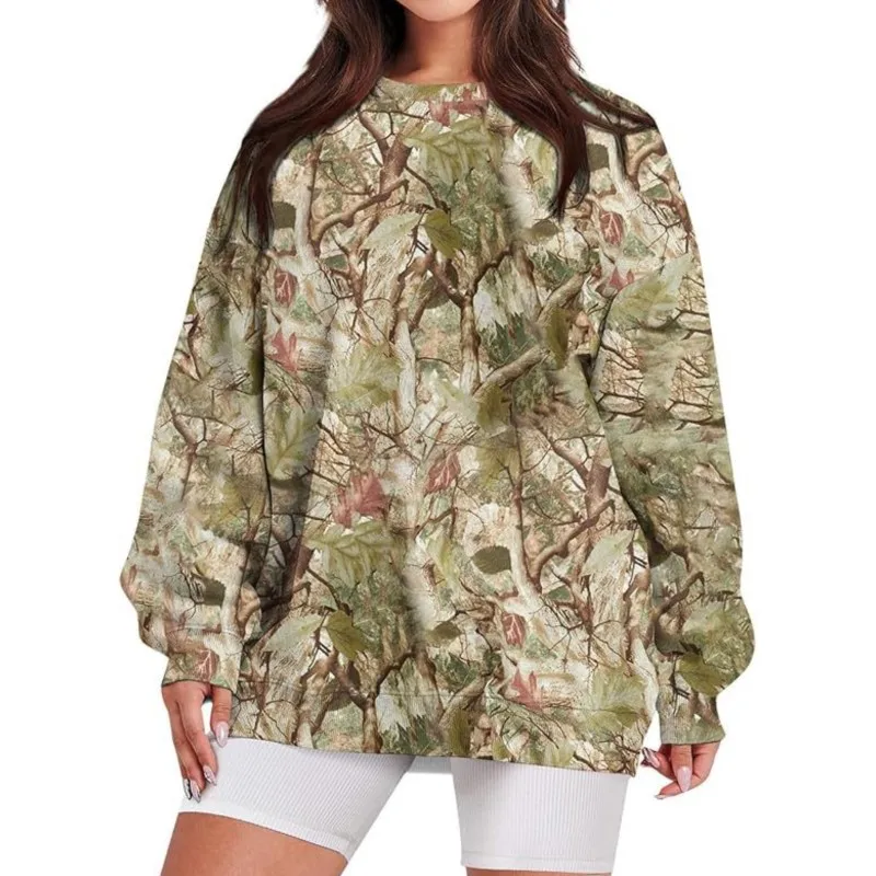 Fashion Camo Sweatshirt Womens Maple Leaf Print Oversized Camo Fleece O-neck Pullover Streetwear For Women\'s Hoodie Outdoor Wear