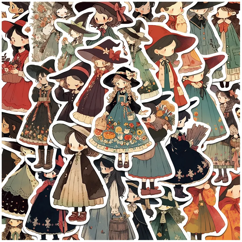 10/30/50pcs Cute Vintage Cartoon Witch Girl Anime Stickers Decals Laptop Phone Suitcase Guitar Car Cool Decoration Sticker Toys