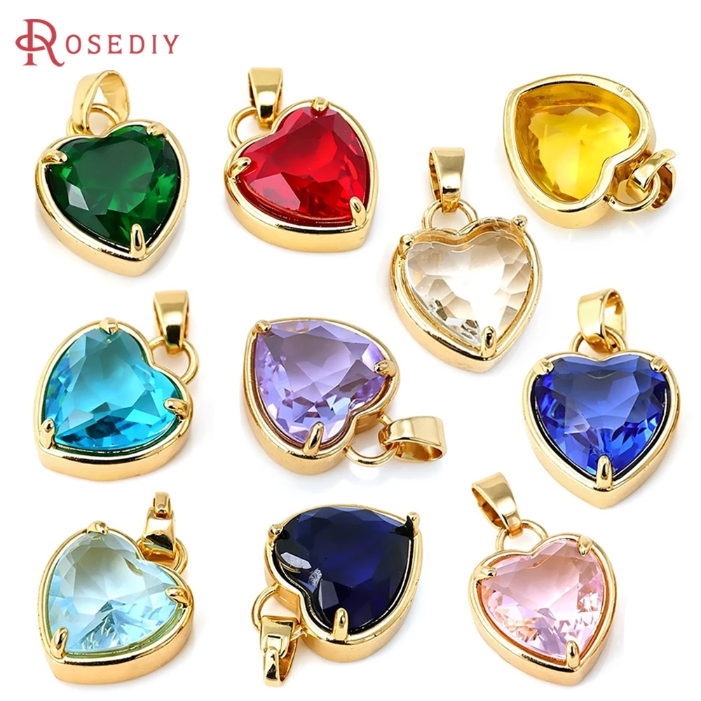 4PCS 18K Gold Color Brass Glass Heart Necklaces Charms Pendants High Quality Diy Necklace Jewelry Accessories Making Materials