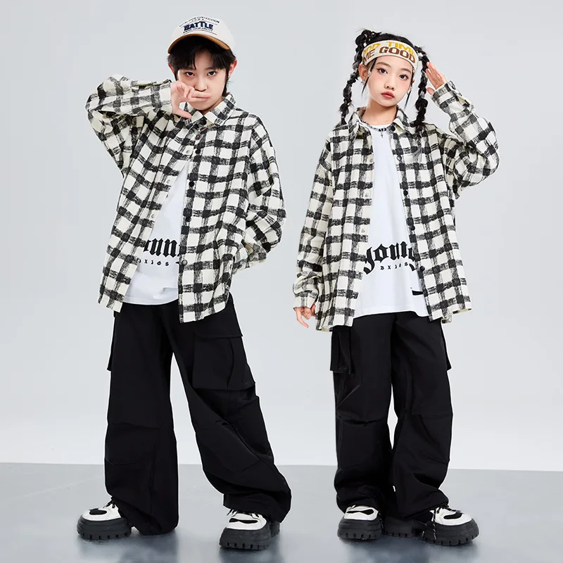 Hip Hop Jungen Street Dance Kariertes Hemd Cargo Hosen Mädchen K-pop Coole Bluse Kleidung Sets Kinder Streetwear Kinder Jazz kostüme
