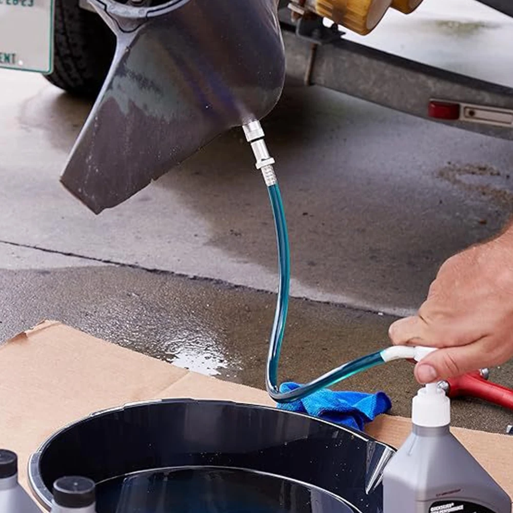 

Standard Quart Bottles Lower Unit Gear Oil Pump with 3/8 Inch Metal Swivel And 8mm 10mm Adapters for Most Marine Boat