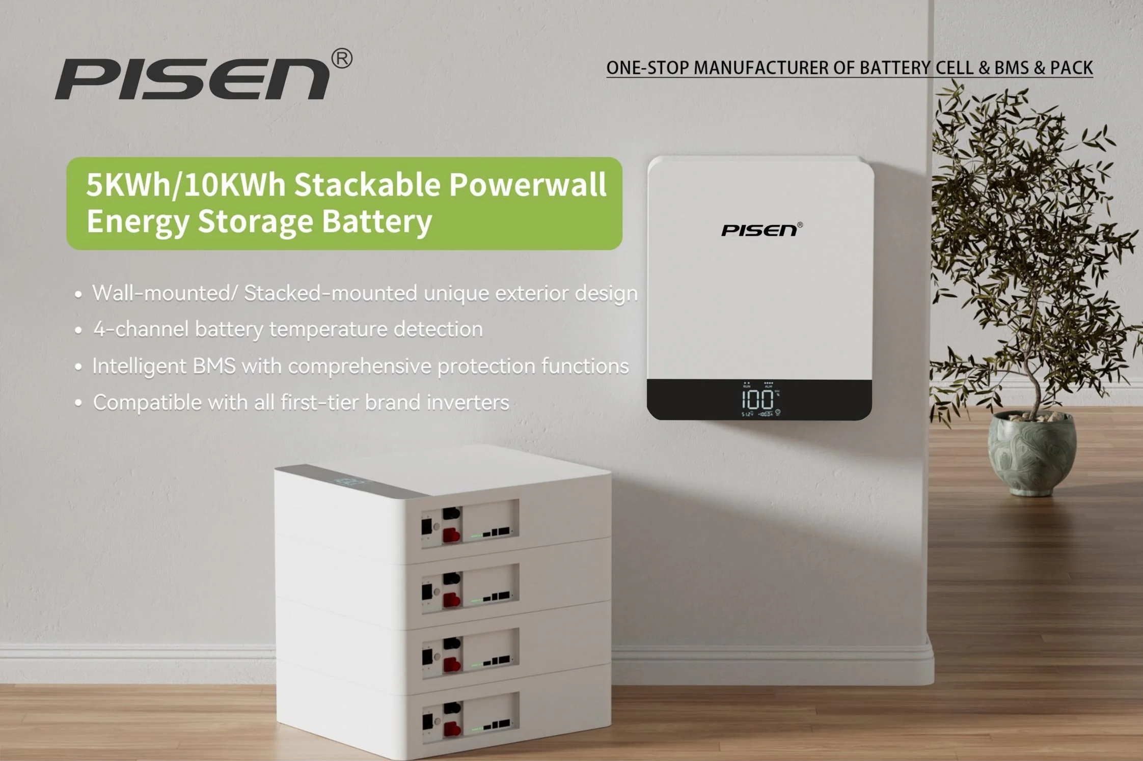 PISEN Home Commercial Use 5KWh/10KWh Stackable Lifepo4 Battery 100AH 200ah Solar Power Energy System 51.2V Solar Kit for Home