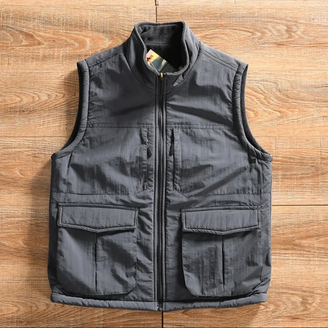 

Двусторонний флисовый жилет с воротником-стойкой и множеством карманов, осенне-зимний, больших размеров, на флисовой подкладке, теплый, верхняя одежда