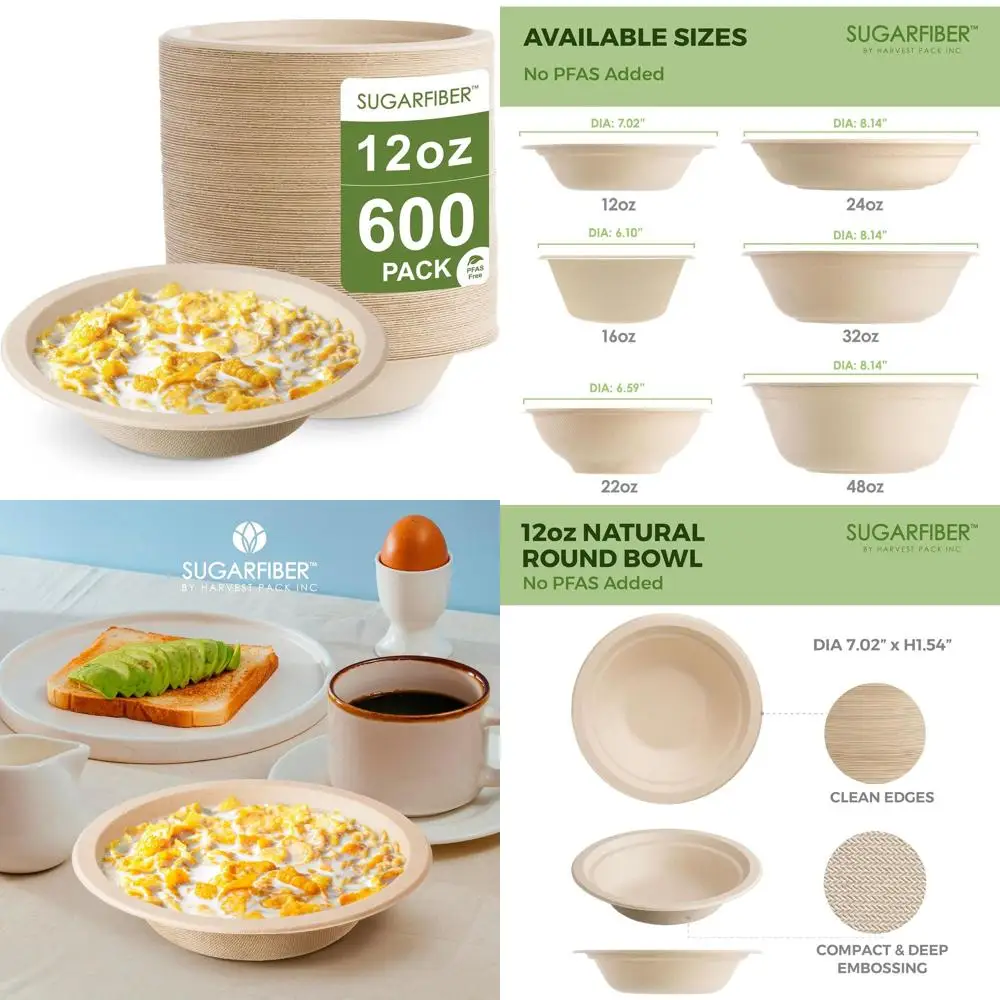 

Compostable 12oz Round Paper Bowls, Bulk Pack, Heavy-Duty Eco-Friendly, Sugarcane Fiber, Ideal for Meal Prep and Takeout Dinnerw