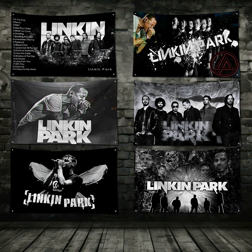 لافتة طباعة رقمية من البوليستر بعلم موسيقى الروك مقاس 3 × 5 أقدام L-Linkins لتزيين المرآب أو الباب الخارجي