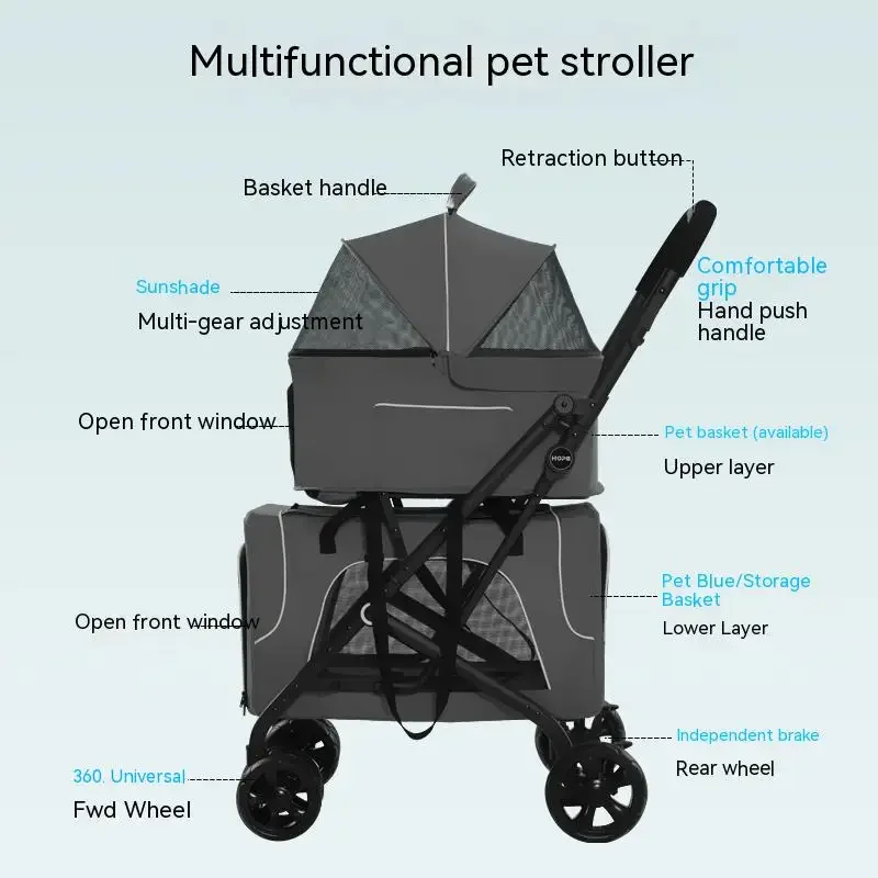 High Quality Pet Travel Outdoors Type Foldable Double Twin Pet Stroller for Dogs and Cats