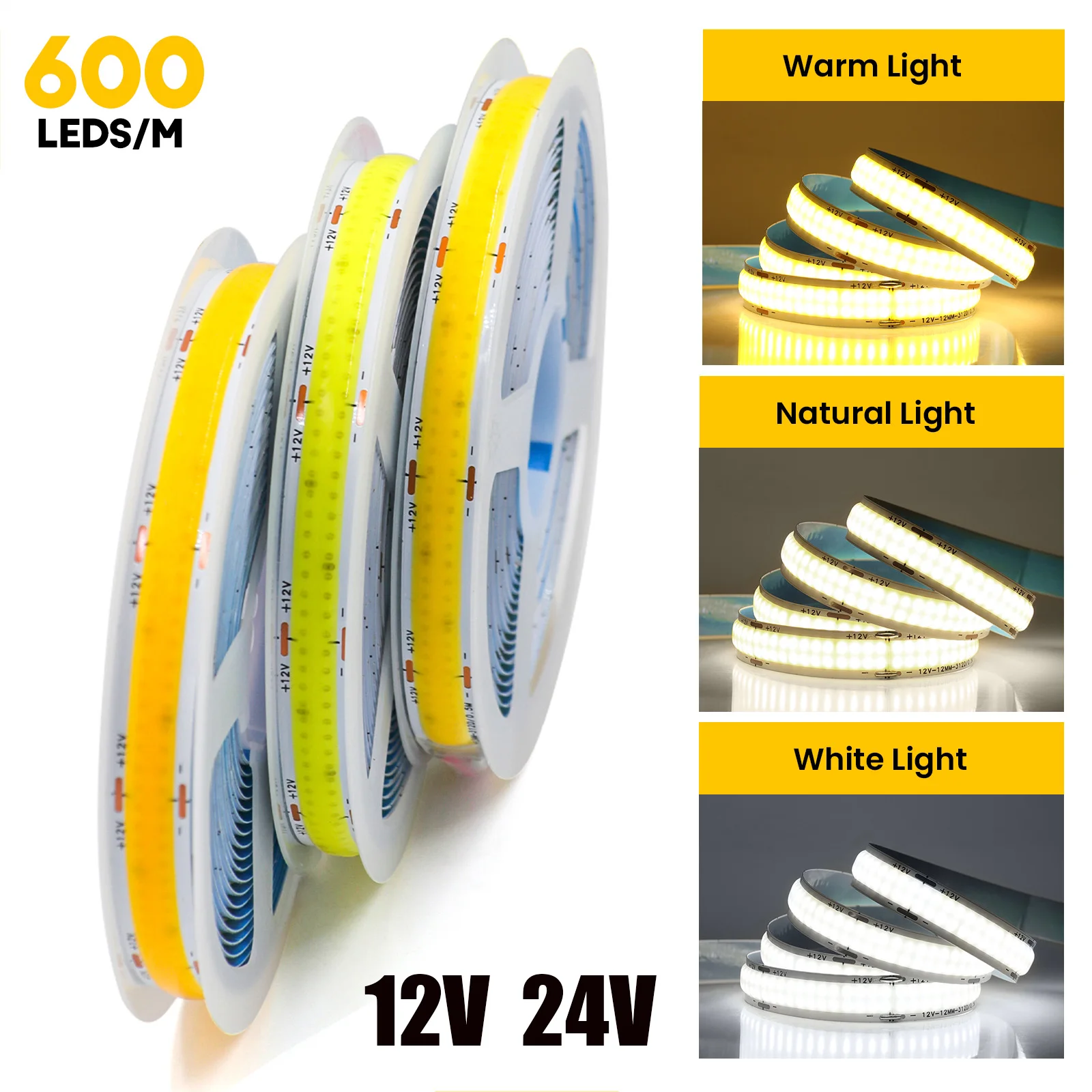 600Leds/M Double Row COB Strip DC 12V 24V High Brighter RA85 Warm/Natural White 3000K 4000K 6000K Flexible Ribbon Rope LED Light