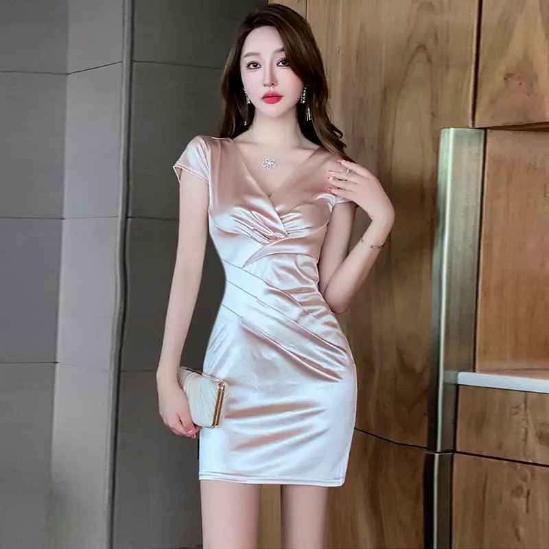 

Small Temperament Summer Clothing Sexy Slim White Hip Short Skirt Professional V-neck Short Sleeve Dress for Women