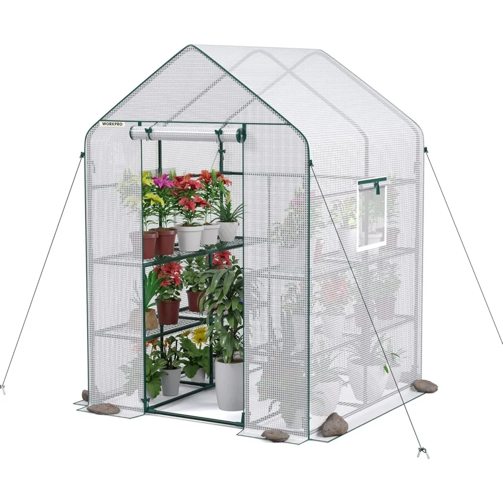 

56" x 56" x 77" Heavy Duty Walk-in Greenhouse with Screen Windows, Thick PE Cover, 8 Shelves for Outdoor Patio and Backyard