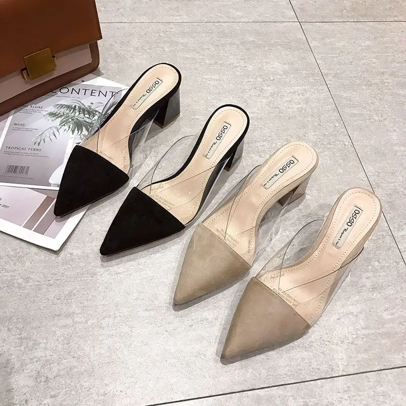 Women\'s Slippers and Ladies Sandals Transparent Slides Mules Shoes Pointed Toe Summer 2024 Clear Heeled Job Black Pvc Trend Shoe