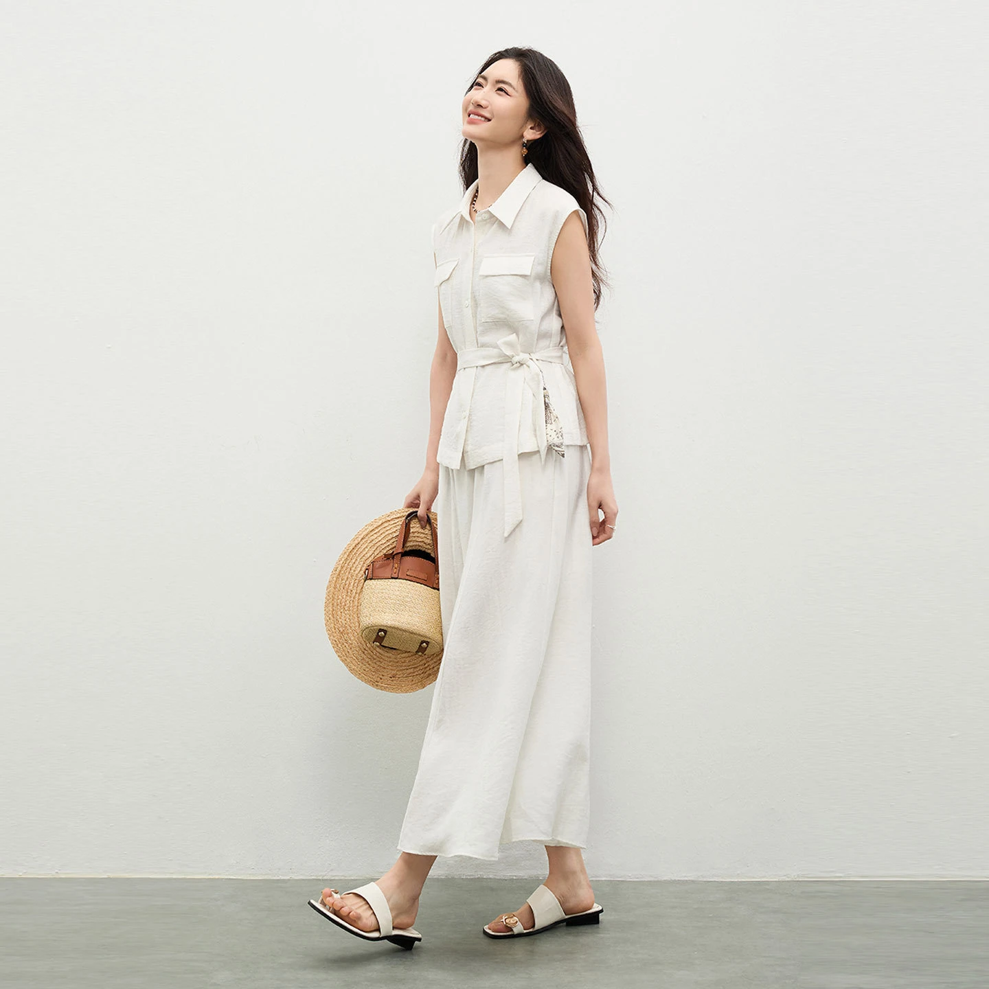 SENTUBILA Commute 2 Piece Set Women 2026 Detachable Belt Print Scarf Sleeveless Shirt Elastic Waist A-Line Skirt Sets 162ZA6193Z