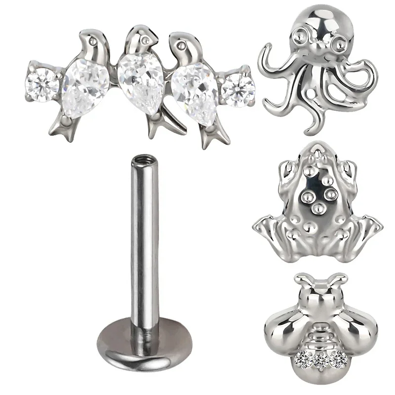 

G23 Titanium frog octopus Birds honeybee EAR Studs PIERC Double Round CZ Paved Top Labret Tragus Earrings Stud Piercing Jewelry