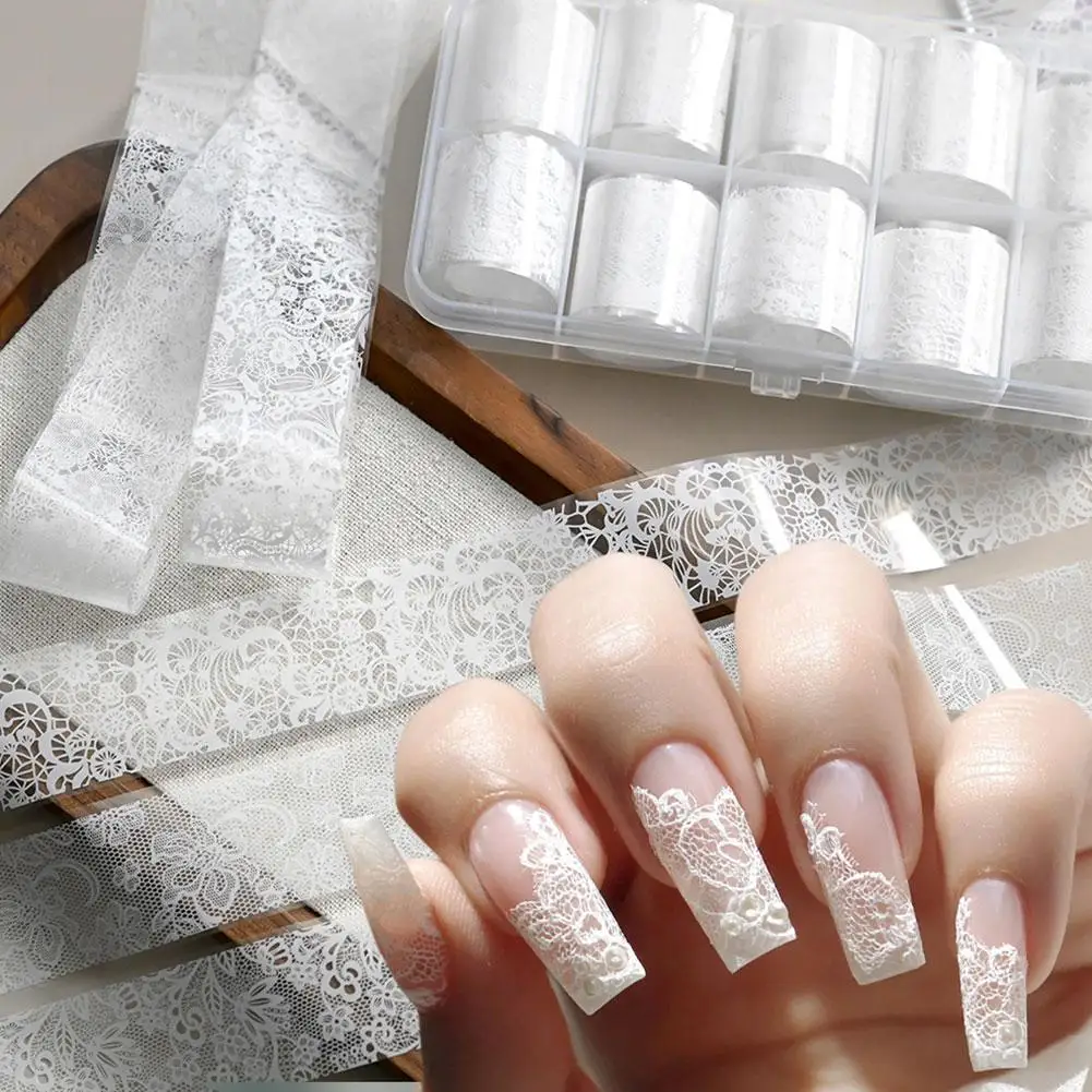 10 Rollen schwarz-weiße Spitzen-Nagelfolien-Transferaufkleber zum Selbermachen, wasserfest, Nageldekorationszubehör, Nagelzubehör