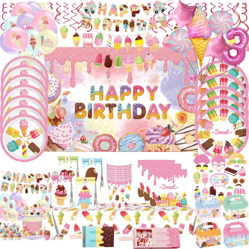 Eis Geburtstag Party Dekoration Kinder Spielzeug Baby Dusche Einweg Geschirr Papier Platten Tassen Luftballons Banner Partei Liefert