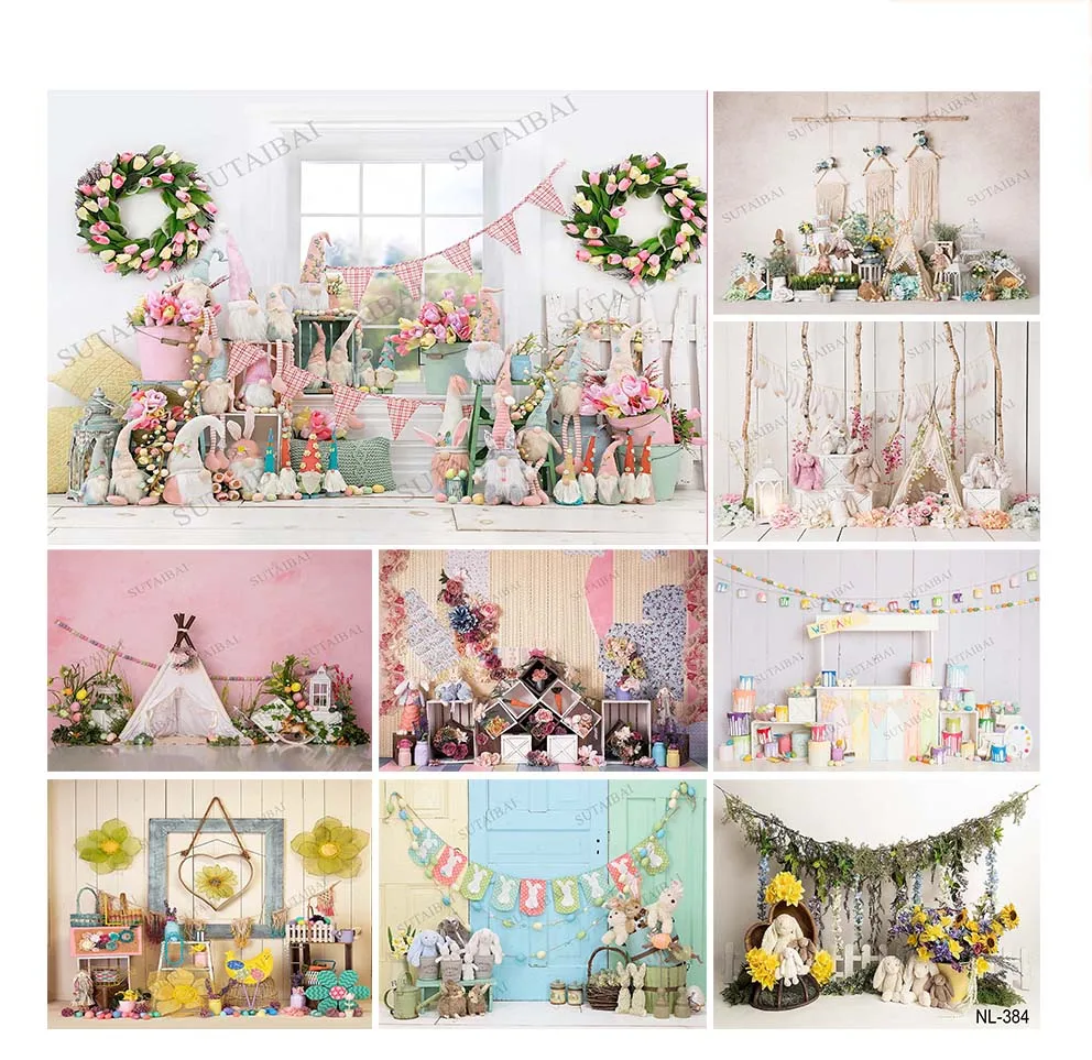 Spring Easter White Wood Board Backdrop Photography Colorful Eggs Garland Rabbit Flowers Easter Children Party Decor Background