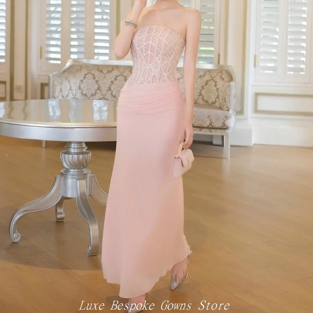 

Women's Formal Evening Gowns A-line Ankle-length Strapless Sleeveless Prom Dresses Fashion Sequined Pleat Customized Gowns