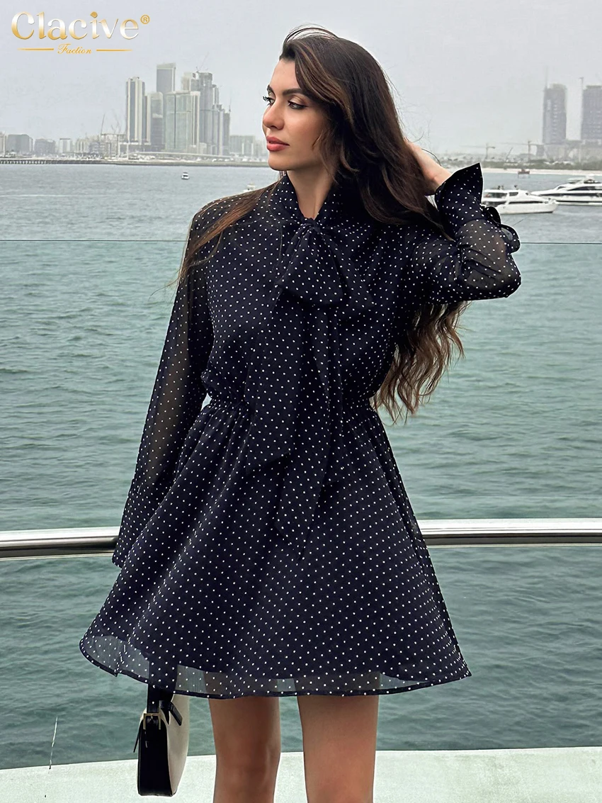 

Clacive Fashion Loose Print Women's Dress Casual Bow Collar Long Sleeve Mini Dresses Elegant Classic High Waist Female Dress