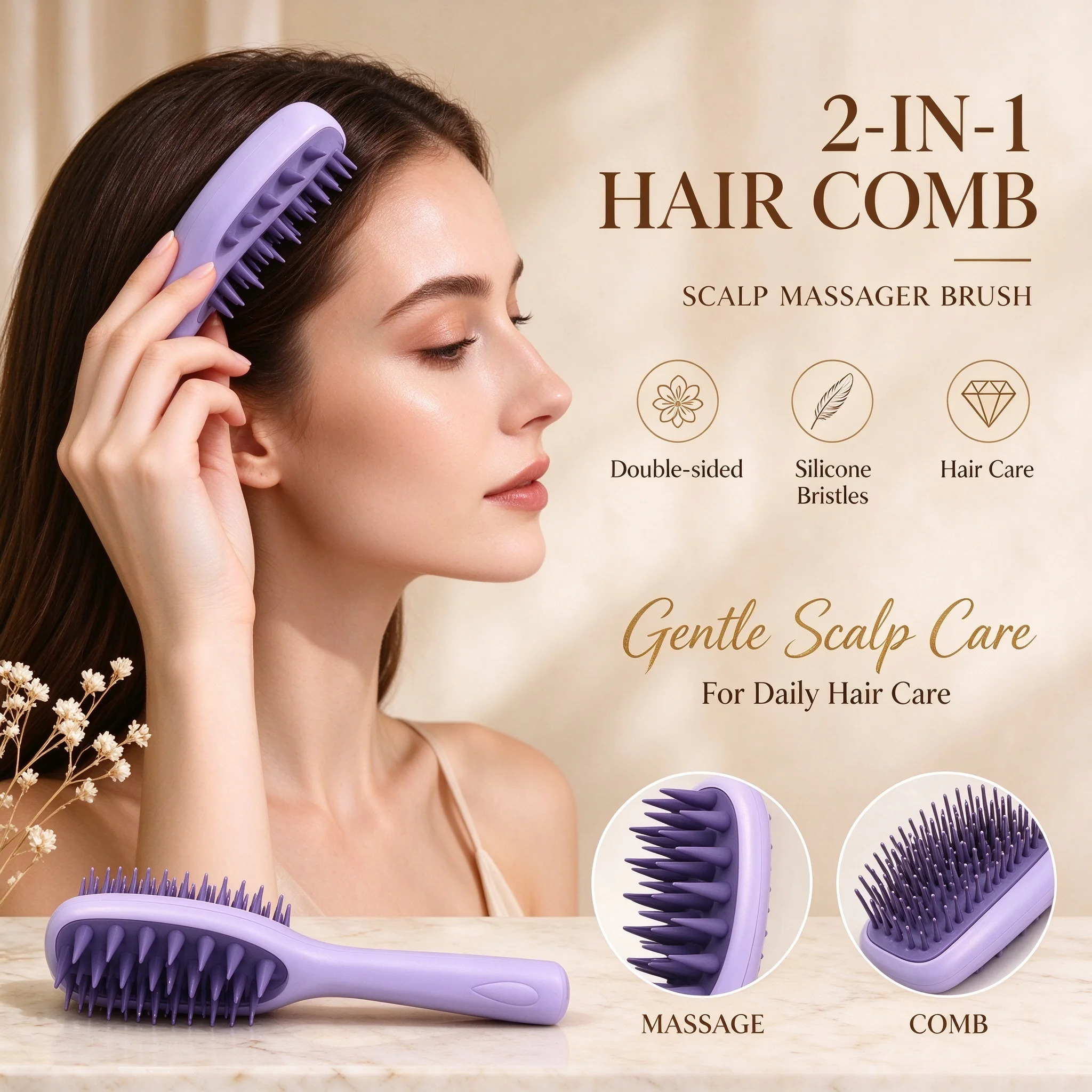 Double-sided 2-in-1 Hair Comb & Scalp Massager, Silicone Shampoo Brush with Long Handle, Scalp Washing Tool for Hair Care