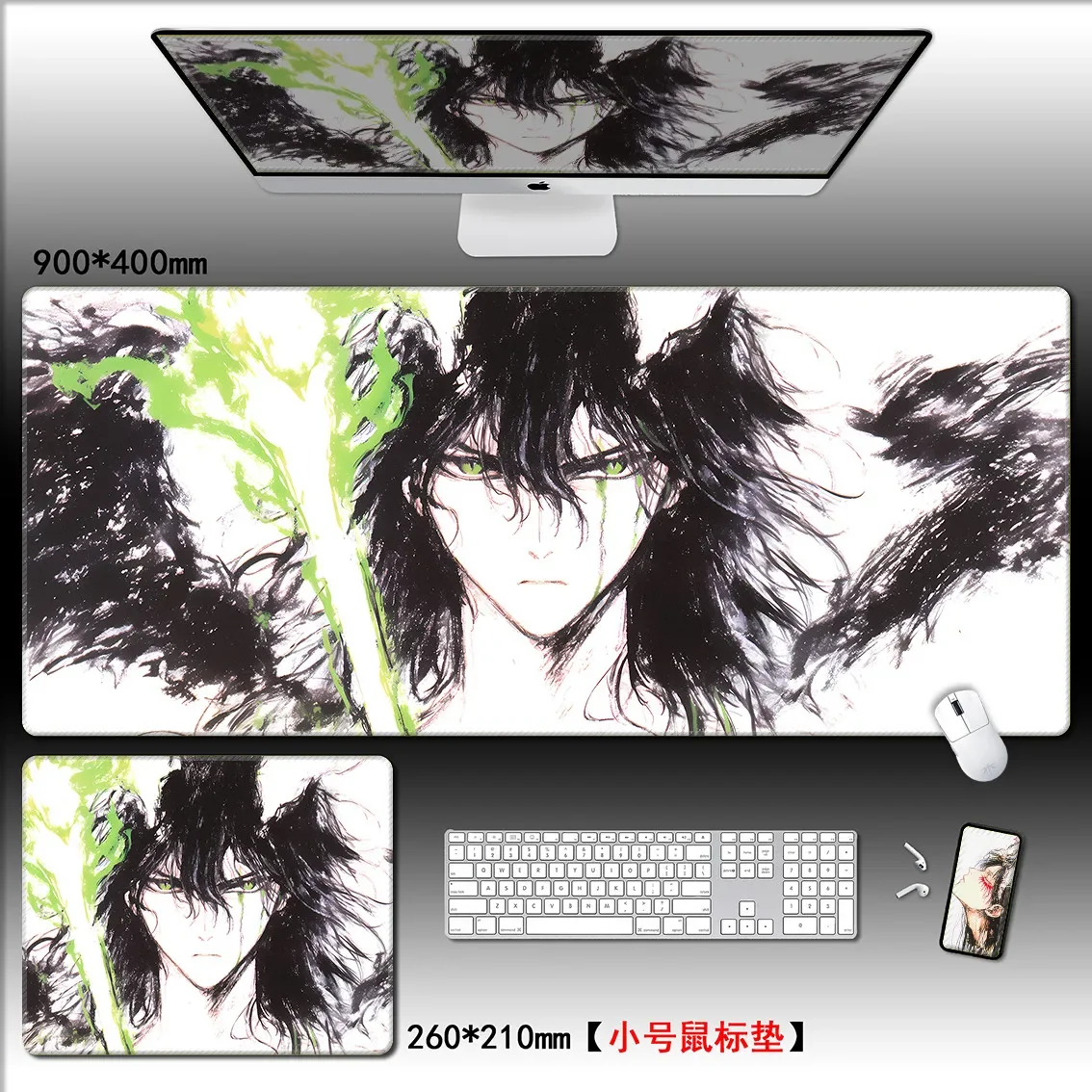 Handgetekende Anime Boy XXL PU lederen bureaumat |   Gaming grote muismat voor toetsenbord, stijlvolle cartoon E-Sports bureau decor