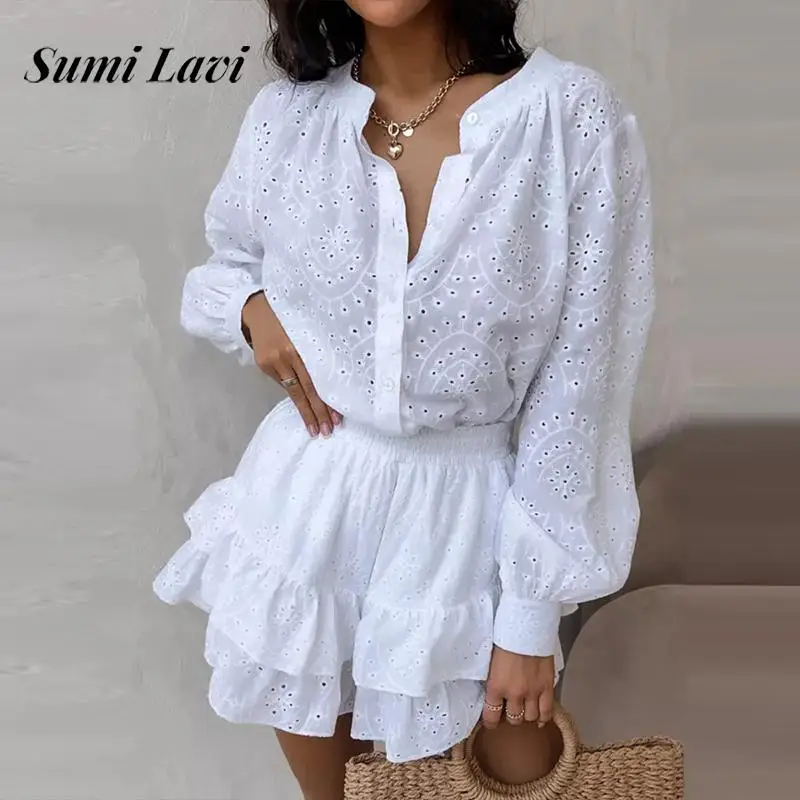 

O-neck Button Tops & Elastic Waist Pant Suit Causal Long Sleeve Solid 2Pc Set Women Elegant Jacquard Hollow Loose Outfits 2025