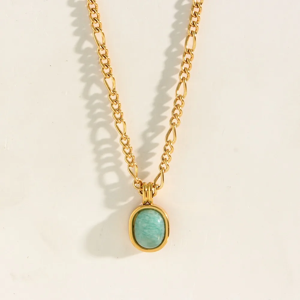 Unique Roman Holiday Mint Green Oval Jewelry Tianhe Stone Stainless Steel 18k Gold Plated Ellipse Pendant Necklace Baby Jewelry