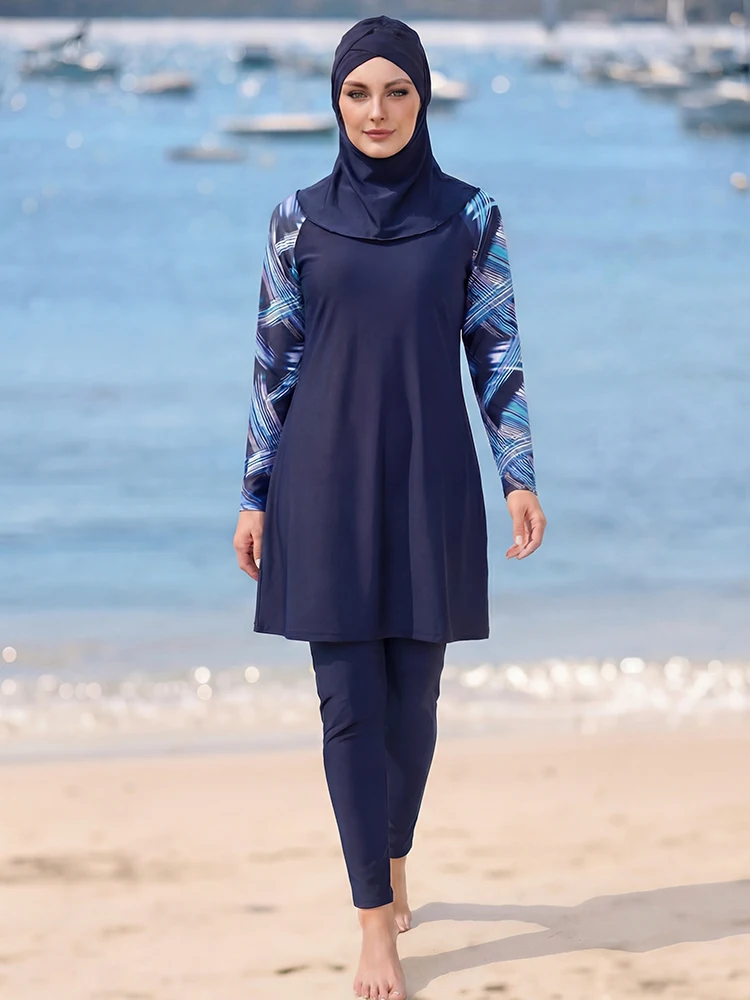 3PCS/set long sleeved printed Islamic style burkini, women's UV resistant swimsuit, breathable quick drying Muslim beachwear