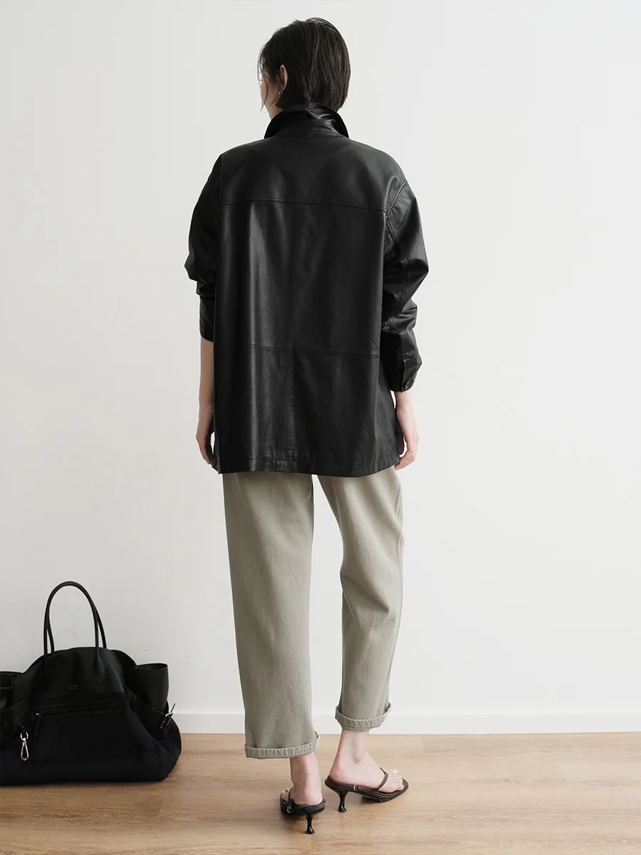 Giacca in pelle da donna, cappotto, risvolto piccolo, lunghezza media, pelle di pecora conciata al vegetale, giacca a vento, trench casual ampio