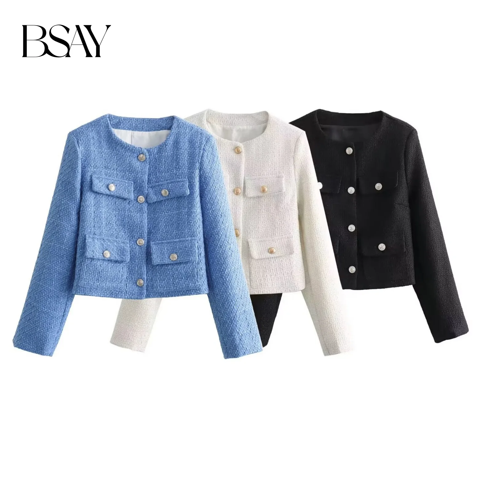 

BSAY Women Fashion Spring New Flip Pocket Jacket Single-breasted Crewneck Tweed Short Coats Chic Ladies Tops Mujer