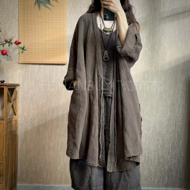 

Новое поступление 2024, весенне-осеннее художественное стильное женское пальто с v-образным вырезом, винтажное длинное пальто с открытой строчкой, высококачественная однотонная хлопково-льняная куртка F274