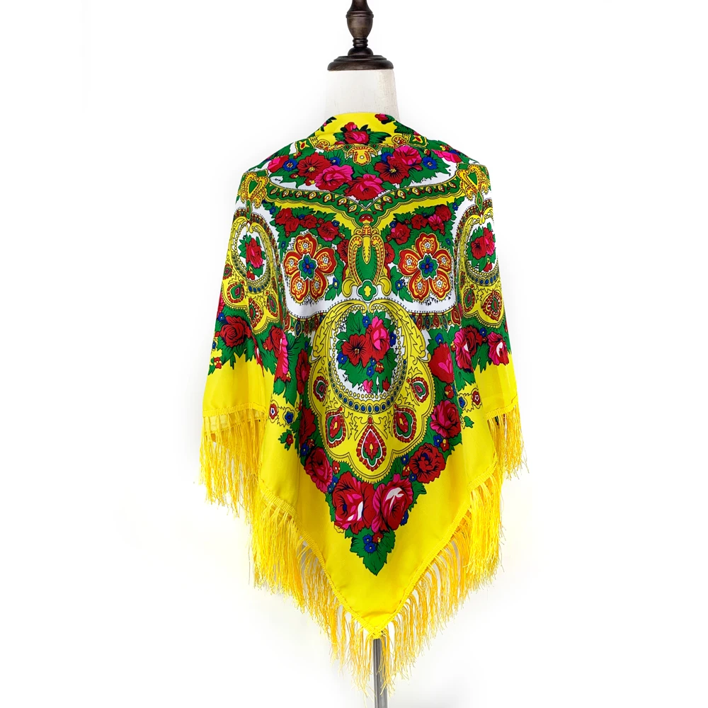 

130*130cm Russian Style Square Scarf for Women Luxury Floral Print Bandana Scarves Lades Fringed Shawl Head Wraps Foulard