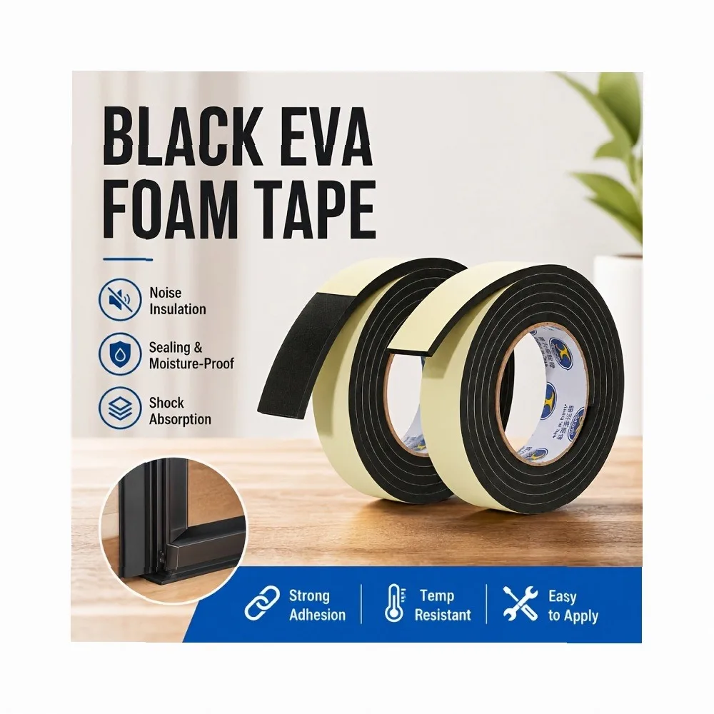 10mm Thick Single-Sided Black Foam Tape, Door & Window Gap Filler Seal Strip, Soundproof Weatherproof Self-Adhesive