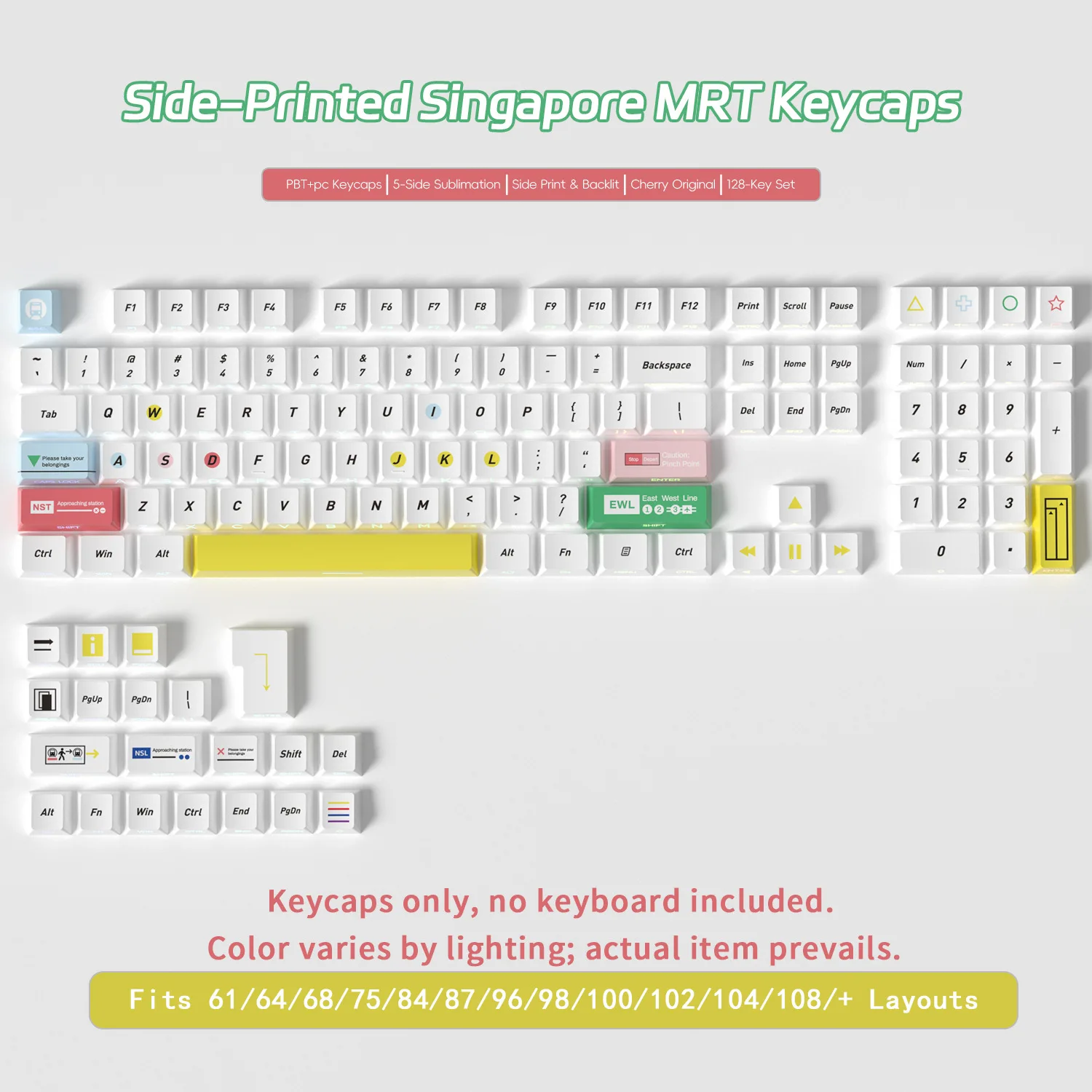 

[Original 128-key side engraving transparent subway theme] Mechanical keyboard keycap five-sided PBT hot sublimation small full