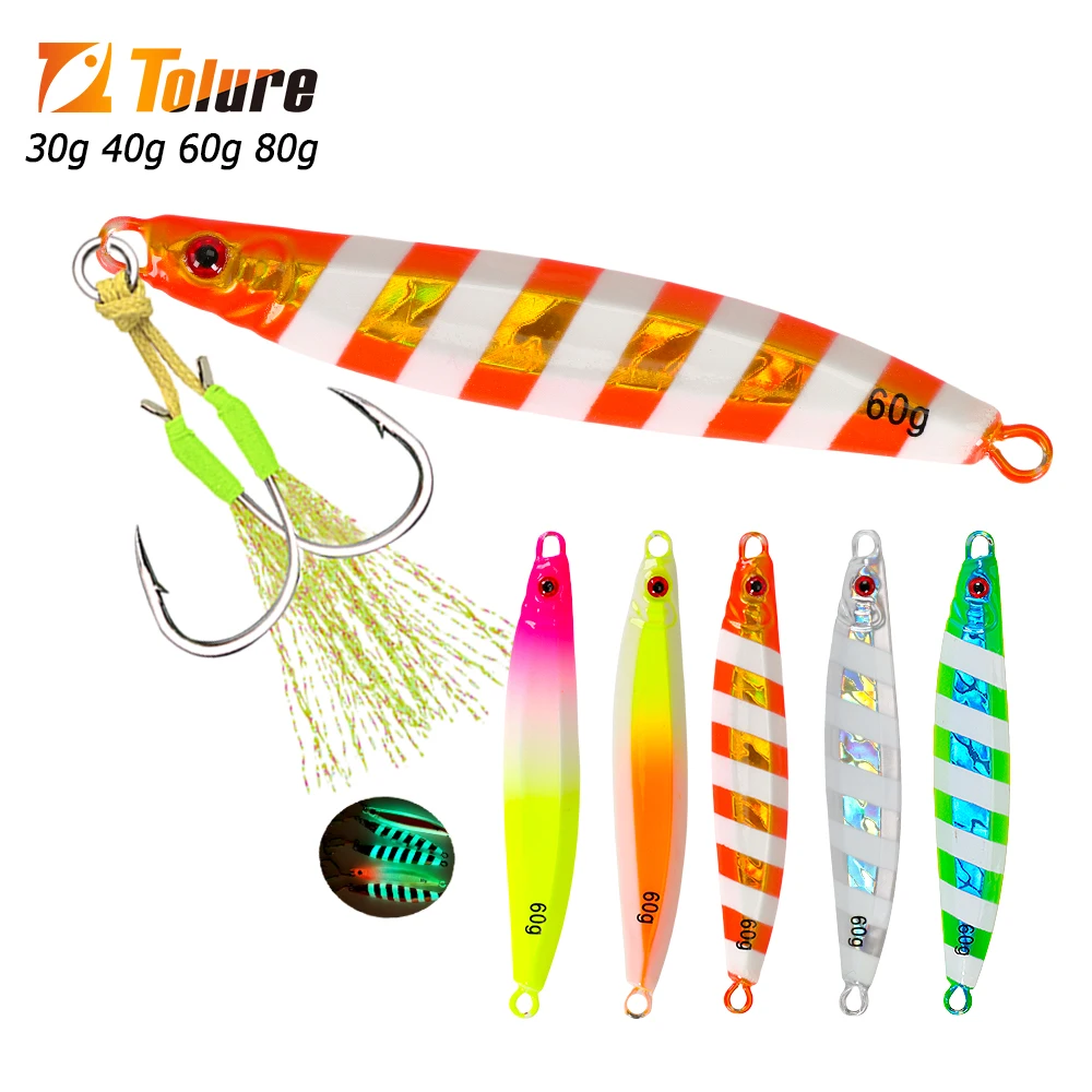 TOLU New 30g/40g/60g/80g Fast Sinking Jigging Fishing Lure Laser Paper Coating Luminous Jig Lure Sea Fishing Trolling Jigging