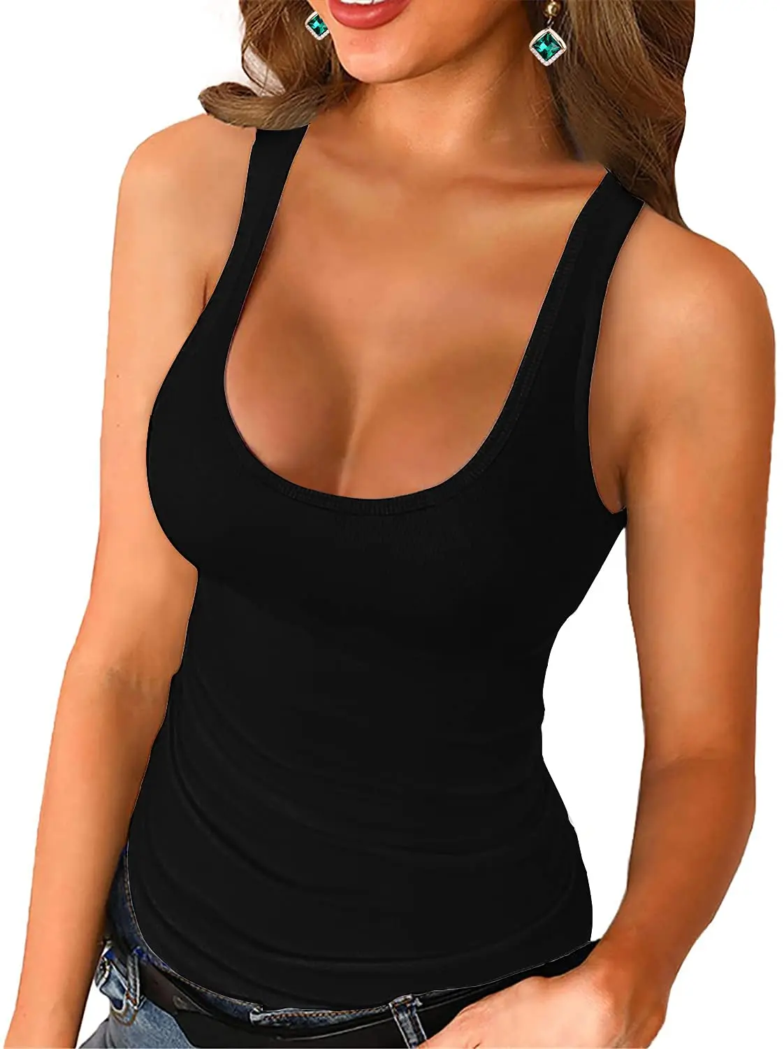 Womens Scoop Neck Ribbed Tank Tops Low Cut Solid Sexy Summer Sleeveless Tees Shirts Lightweight and Breathable Fabric Soft Tank