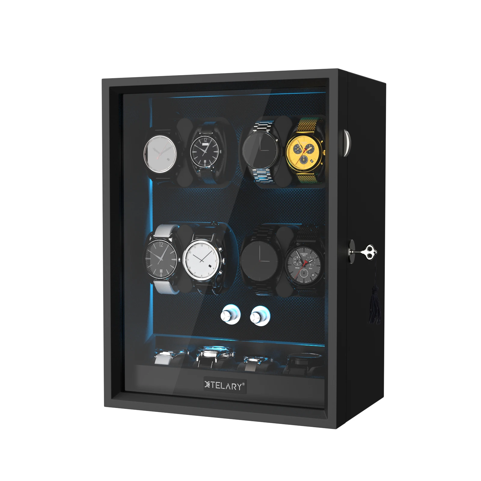 Automatic 8 Watch Winder with 4 Extra Storage Case With Blue LED Light Display Box With Quiet Japanese Motor- Black