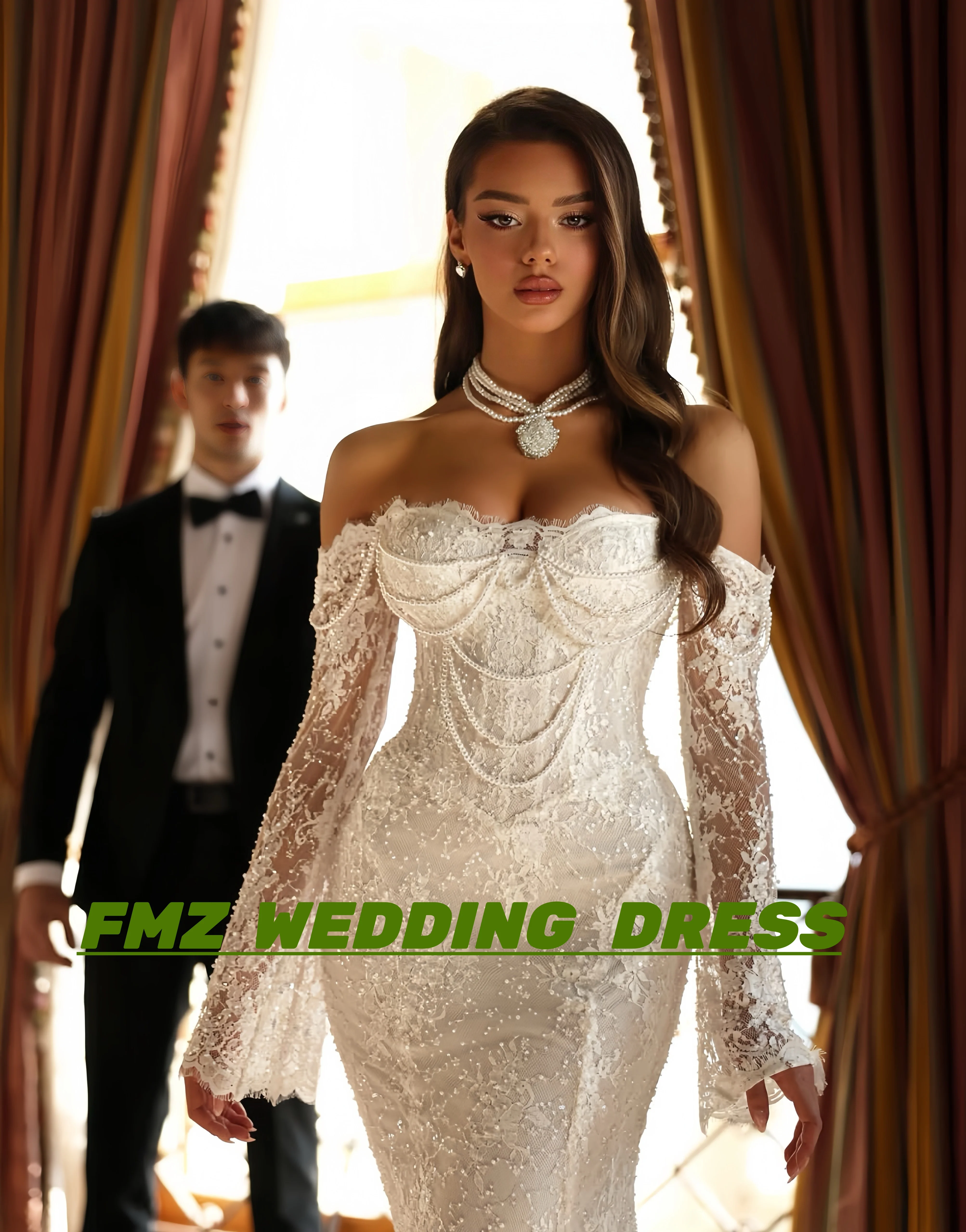 فستان زفاف مخصص بياقة حلوة وأكمام طويلة حورية البحر من الخرز فيستدوس دي نوفيا أماندا نوفيا أماندا نوفيا رسمي