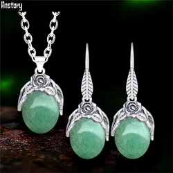 Vintage Rose Flower Natural Jades Quartz Set For Women Anitque Silver Plated Stone Fashion Leaf Pendant Necklace Earring Jewelry