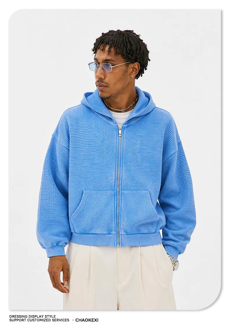 Waffle Knit Full Zip Hoodie for Men Vintage Washed Hooded Sweatshirt Casual Loose Cotton Kangaroo Pocket Streetwear Clothes