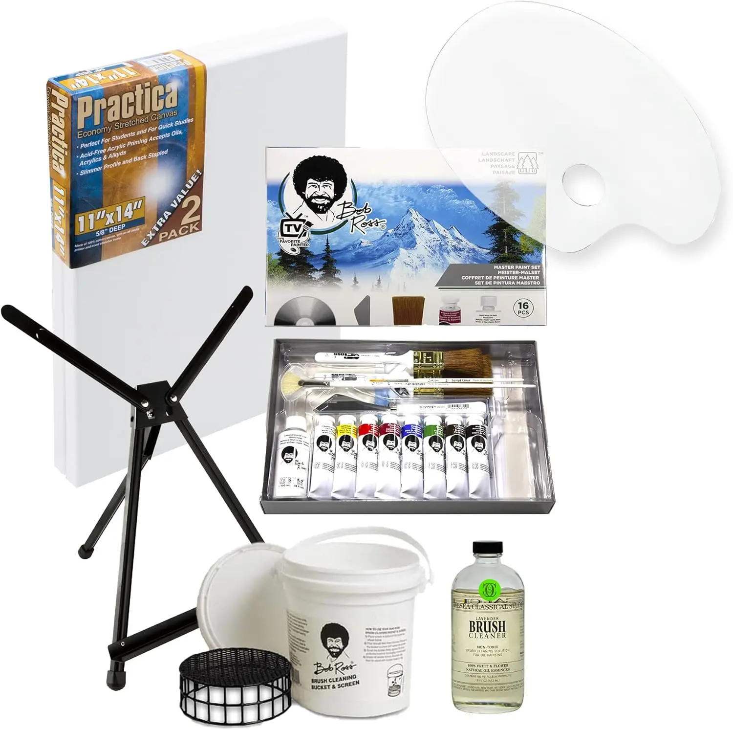 Master Paint Set Artist Bundle 6 Items with Travel Easel, Pre Stretched Painting Canvas, 8oz Natural Brush Cleaner, Clear Acryli