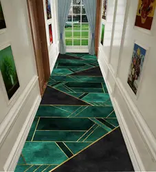 Modern Green Geometric Long Carpets Hallway Anti-slip Stairway Floor Mat Washable Luxury Rugs for Living Room Aisle Customizable